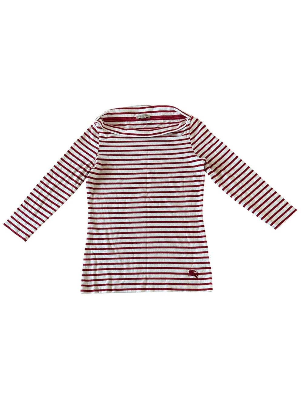 Burberry Brit Red and White Equestrian Striped Boatneck Top 100% Cotton